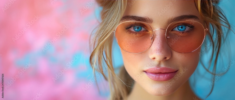 Girl wearing sunglasses on a colorful and bright background, focus on the eyes. Girl wearing sunglasses on a colorful and bright background, focus on the eyes.