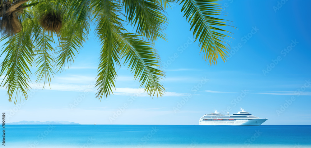 View of the beautiful blue ocean. Palm leaves. Bright sun, island. Tourism, hobbies, recreation, travel, surfing. Background for advertising, sale of tour packages on a cruise ship.