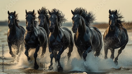 A group of black horses running through the sea and sand. Generative AI.