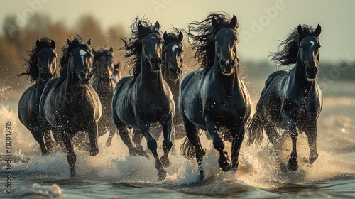 A group of black horses running through the sea and sand. Generative AI. © visoot