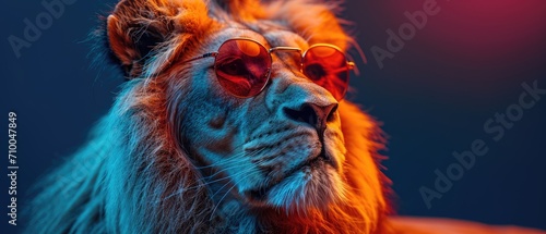  Funny lion wearing sunglasses in studio with a colorful and bright background, right side of the composition