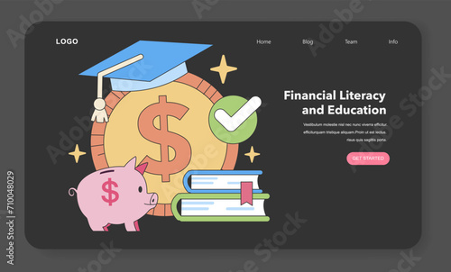 Financial Literacy and Education concept. Empowering savings and investment knowledge with books, piggy bank, and graduation cap. Smart money management. Flat vector illustration.