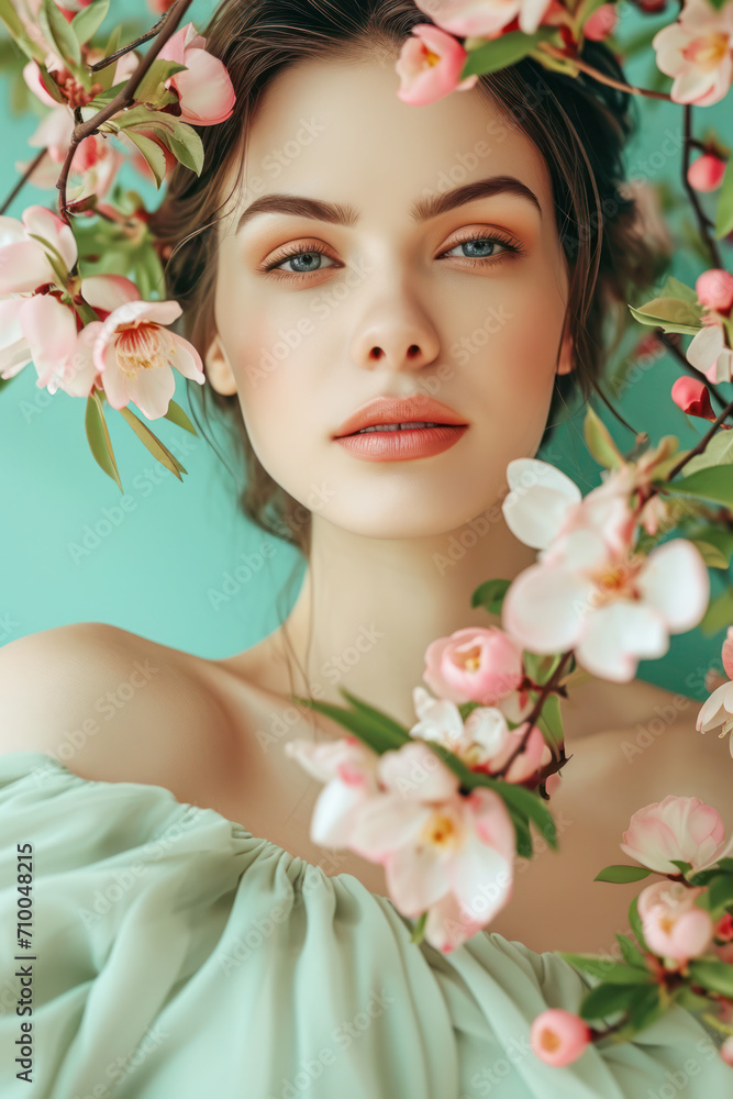 Beautiful young woman with spring flower tree branches. Spring, International Women's Day concept.