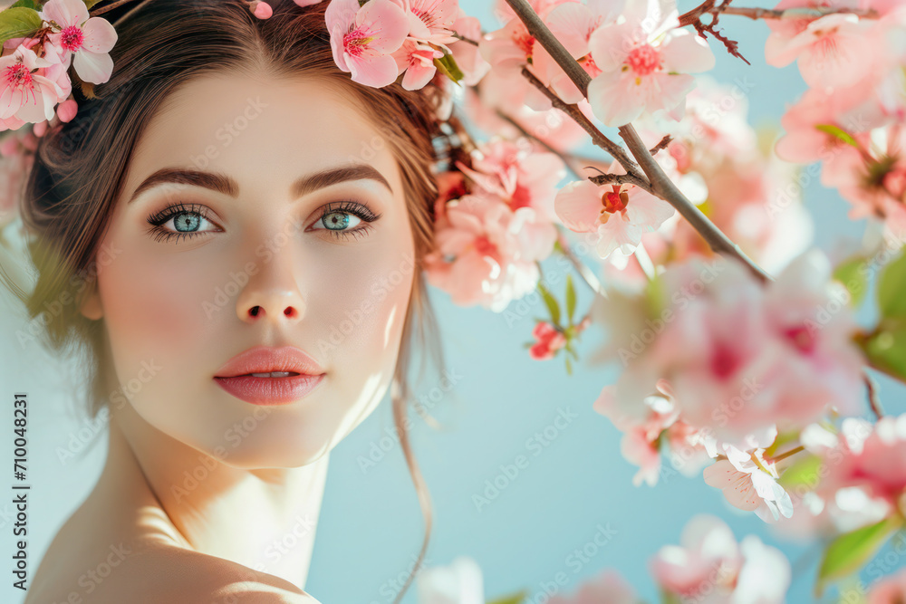 Beautiful young woman with spring flower tree branches. Spring, International Women's Day concept.