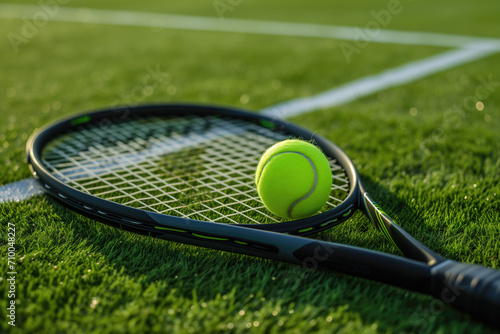 Tennis racket and ball on Wimbledon grass court