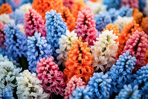 Beautiful colorful hyacinth flowers. Spring hyacinths blossoms. Multicolored blooms. Nature background with spring flowers. 