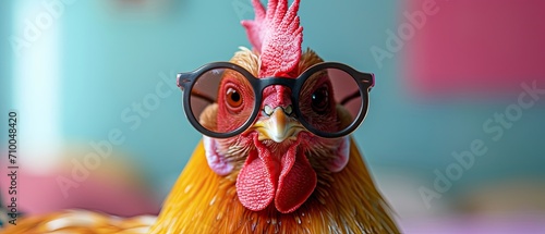 Funny rooster wearing sunglasses in studio with a colorful and bright background, right side of the composition