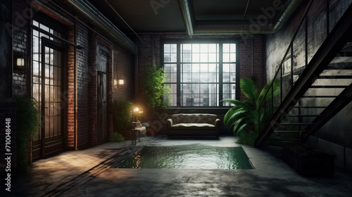Interior of a spacious loft with brick walls, large window, staircase, and a swimming pool inside the room. Unusual luxury apartment. Strange and beautiful contemporary architecture.