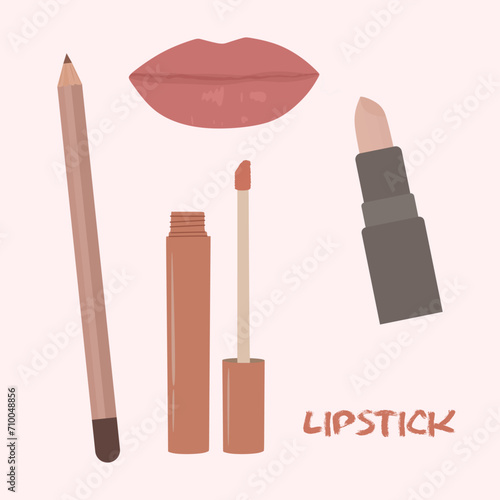 Vector lipstick set. Cosmetic and makeup product collection of Lip pencil, Liquid lipstick for women. Lipgloss brush isolated on pink background. Make-up accessory for beauty. Colored flat vector