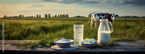 a bottle of milk and a plate of cheese on the table on the background of a field of cows