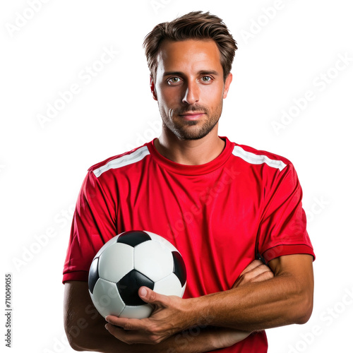 Handsome soccer player with ball in hand isolated