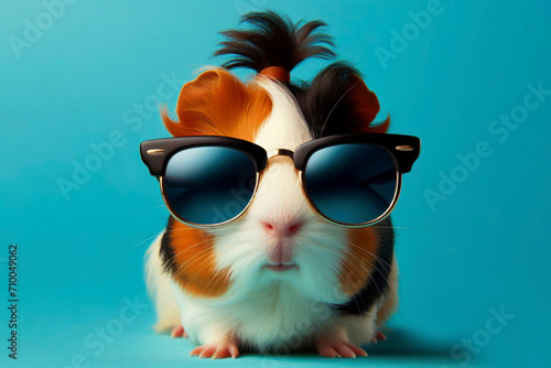 Cute stylish funny Guinea Pig wear sunglasses on solid blue bright background. ai generative photo