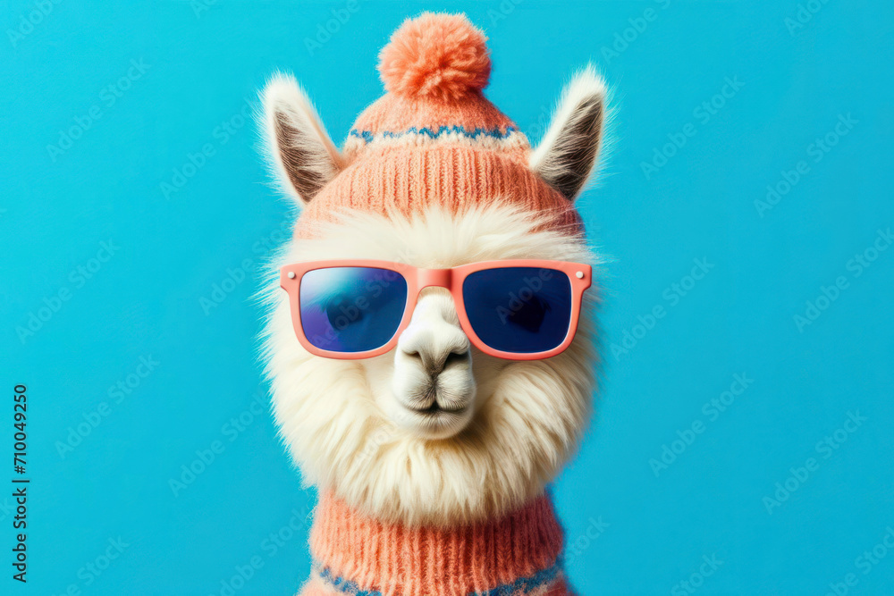 Cute stylish funny llama wear sunglasses on solid blue bright background. ai generative