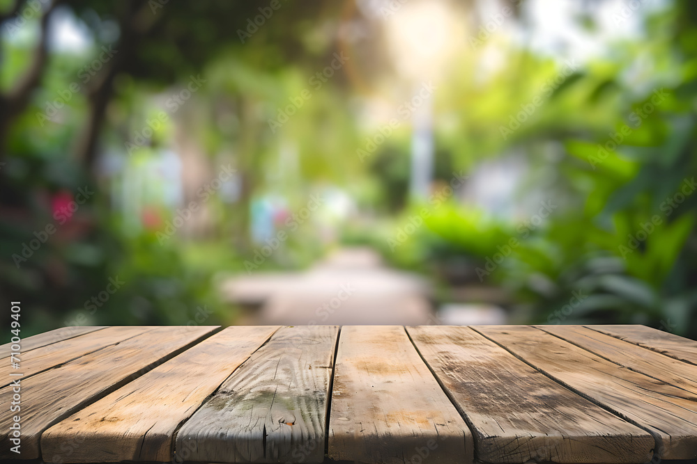 Empty wooden table, with blurred park and garden background. Space for product or brand advertising Empty wooden table, with blurred park and garden background. Space for product or brand advertising