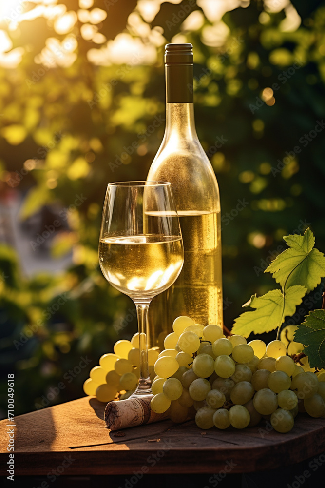 Glass of wine and bottle of wine on wooden table with white grapes.Generative AI