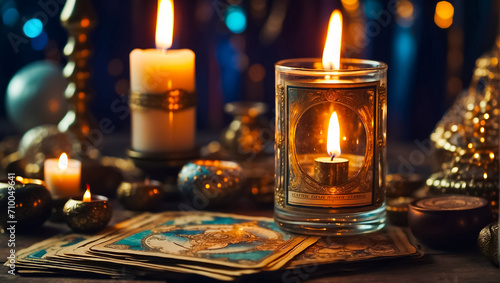 Tarot cards, candles background esoteric