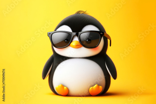 Cute stylish funny penguin wear sunglasses on solid yellow bright background. ai generative