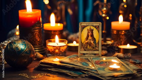 Tarot cards, candles background mystery