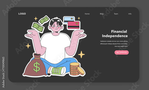 Financial freedom. Content individual balances cash and cards, embodying economic self-sufficiency. Wealth and budget control. Flat vector illustration