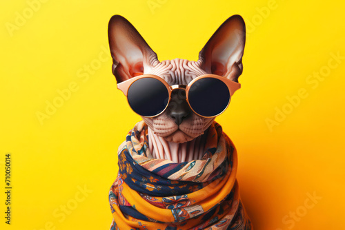 Cute stylish funny sphinx cat wear sunglasses on solid yellow bright background. ai generative © Igor