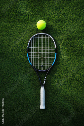 Tennis racket and ball on Wimbledon grass court © thejokercze