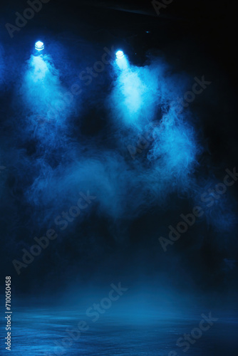 Empty stage or scene with spotlights and blue smoke effect as wallpaper background illustration