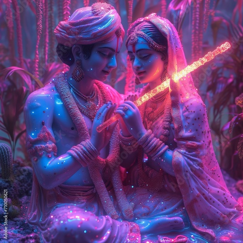 couple of Indian lovers, Radha and Krishna, surrounded by fluorescent neon and bright colors