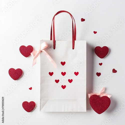 Valentine's Day background. White paper bag, red hearts and gift on white background. Valentine day concept Generative Ai
