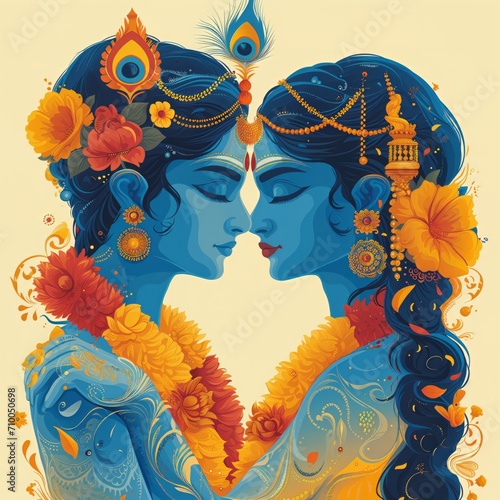 Indian lovers, radha, krishna, deva, illustration flat design style photo