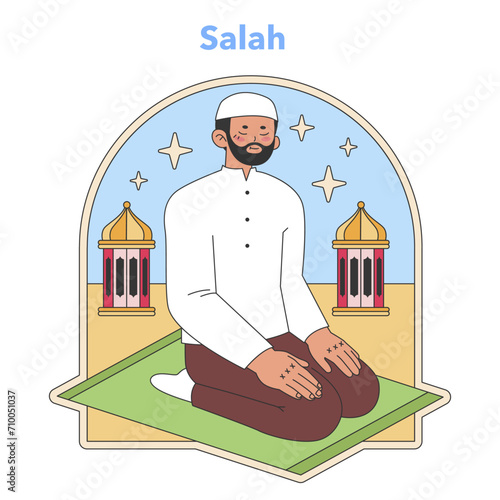 Salah practice illustration. A man in peaceful prayer on a rug, capturing devotion and the serenity of Islamic worship. Flat vector image.