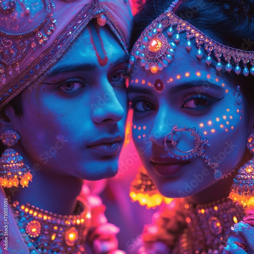 couple of Indian lovers, Radha and Krishna, surrounded by fluorescent neon and bright colors