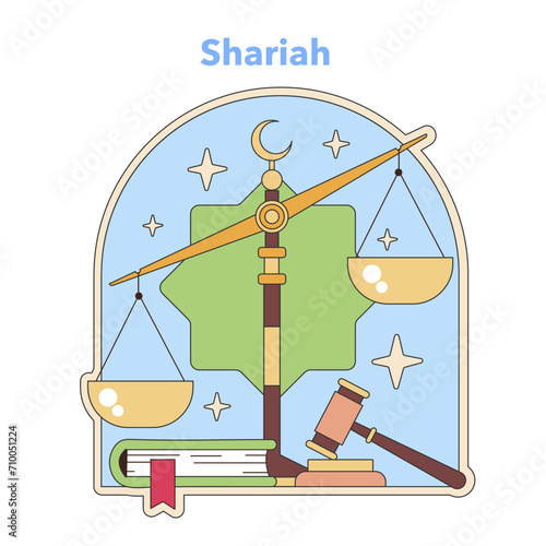 Shariah law concept with scales of justice under a crescent moon. Symbolizes Islamic legal studies and jurisprudence. Flat vector illustration