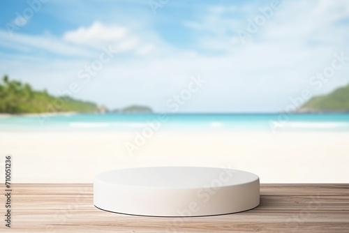 A white circular pedestal is placed on a weathered wooden table, framed by the tranquil vista of a sandy beach, a blue ocean, and a light blue sky. Created with generative AI tools