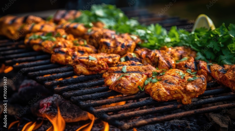 Chicken tikka kabab being grilled over charcoal. Generative AI