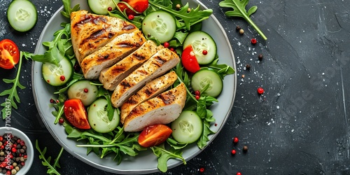 Balanced healthy lunch , chicken , fish , cereals , avocado ,grilled, a combination of vegetables  background , wallpaper © Людмила