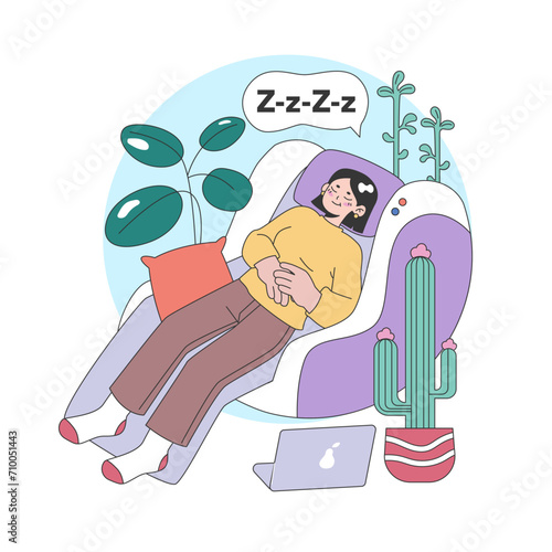 Home office relaxation concept. Young woman takes a snooze on comfy couch, surrounded by vibrant indoor plants, laptop aside, hinting a break from remote work. Restful nooks at home. Flat vector