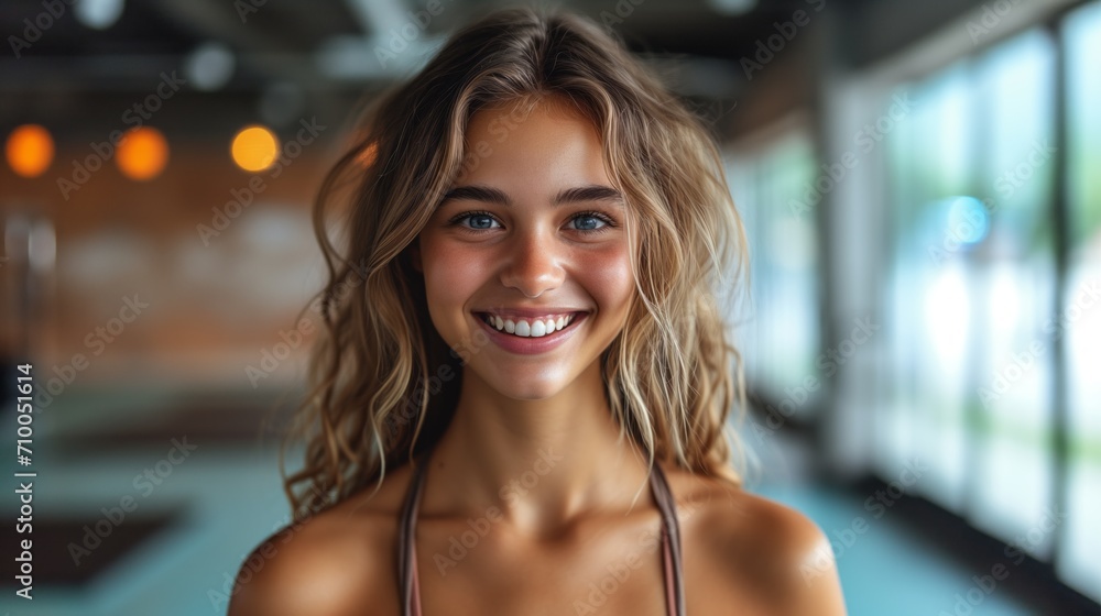 Close-up portrait of a cheerful smiling girl in the gym wearing crop top, blonde hair. charming smile