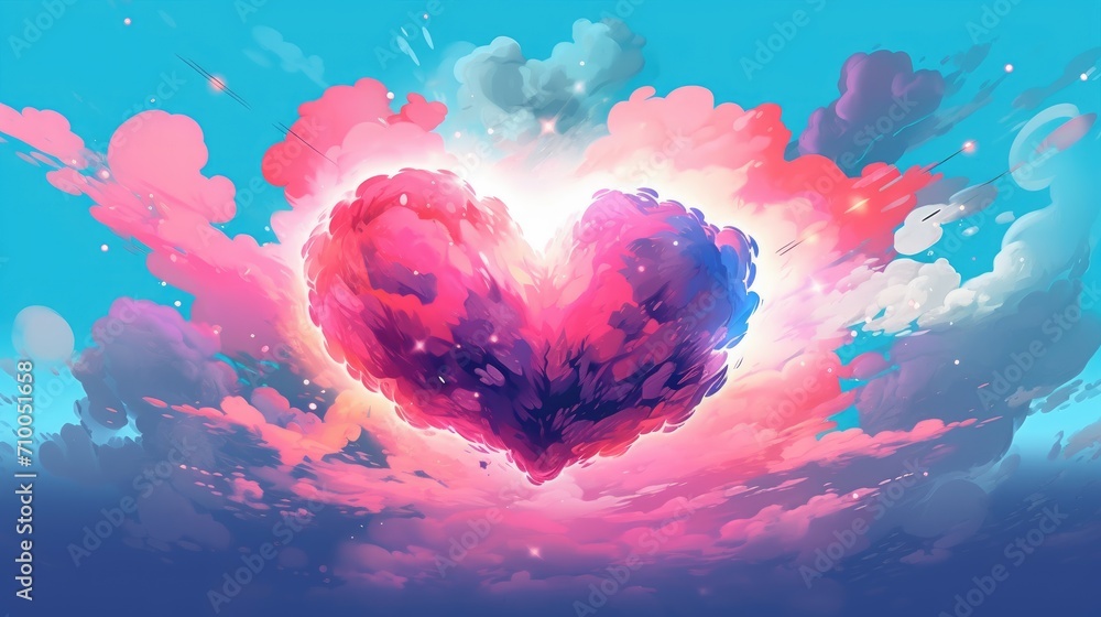 Cloud heart figure shape form in pastel blue, purple and pink soft color tones over the sky. Concept background image for valentine, gift paper box card design,  love theme wallpaper. Generative AI