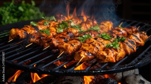 Chicken tikka roasting on an open hearth with glowing coals and smoke coming out. Closeup photo of chicken kabab on fire isolated on studio background. Generative AI photo