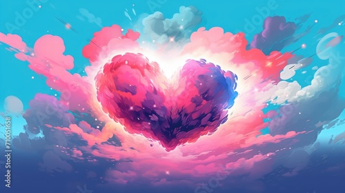 Cloud heart figure shape form in pastel blue, purple and pink soft color tones over the sky. Concept background image for valentine, gift paper box card design,  love theme wallpaper. Generative AI