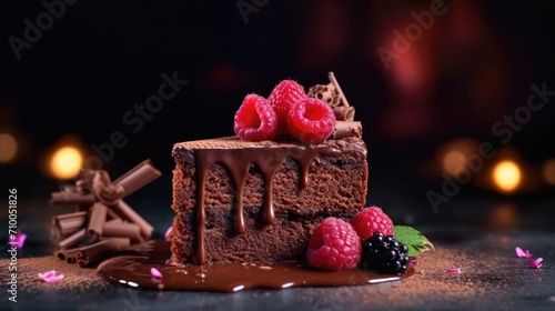 Closeup of a slice of tasty chocolate cake with berries decorated with melted cream isolated on a beautiful studio background with blurry candlelight. Generative AI