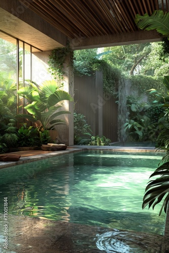 Small pool surrounded by green palms © AI Exclusive 
