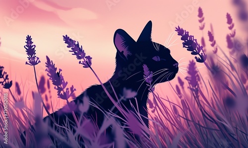 minimalistic cubism artwork a cat with lavender