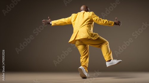 Cuban man in fancy yellow suit dancing and moving. Joyful, fashionable dark-skinned male dancer in motion, having fun. Neutral background with copy space. photo