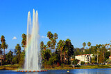 Los Angeles, California: Echo Park Lake fountain, lake and urban park in the Echo Park neighborhood of Los Angeles