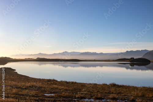 Autumn country and water of fjord, East Iceland