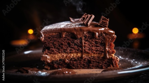 Closeup of a slice of tasty homemade chocolate cake decorated with cream on a plate isolated on a beautiful studio background with candlelight. Generative AI photo