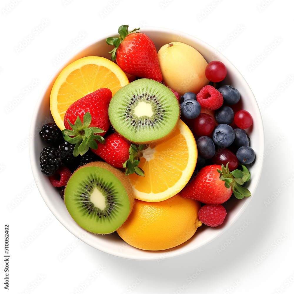 a white bowl with fresh fruits, white background created with Generative Ai a white bowl with fresh fruits, white background created with Generative Ai