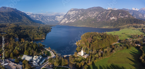 San Juan Bautista Church and Romanesque bridge. ,Lake Bohinj in Triglav National Park, julian alps, Slovenia, Central Europe,