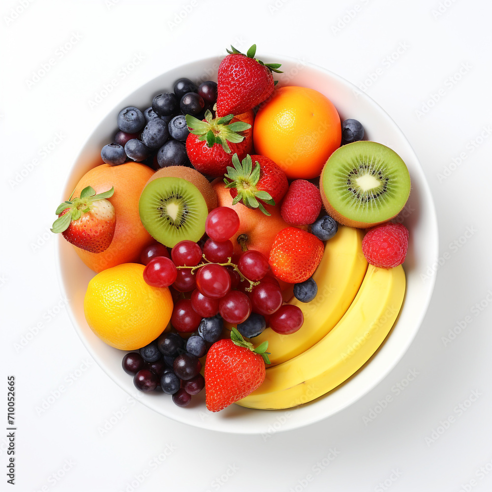 a white bowl with fresh fruits, white background created with Generative Ai a white bowl with fresh fruits, white background created with Generative Ai